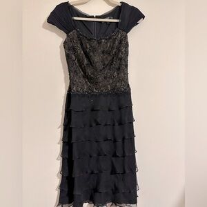TADASHI shoji collection little black dress embroidered tiered beaded